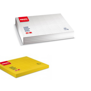 Due confezioni di tovagliette usa e getta, una bianca ed una gialla